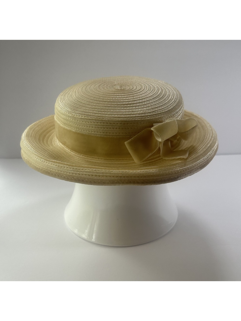 Vintage Cream Straw Boater Hat with Velvet Ribbon Bow